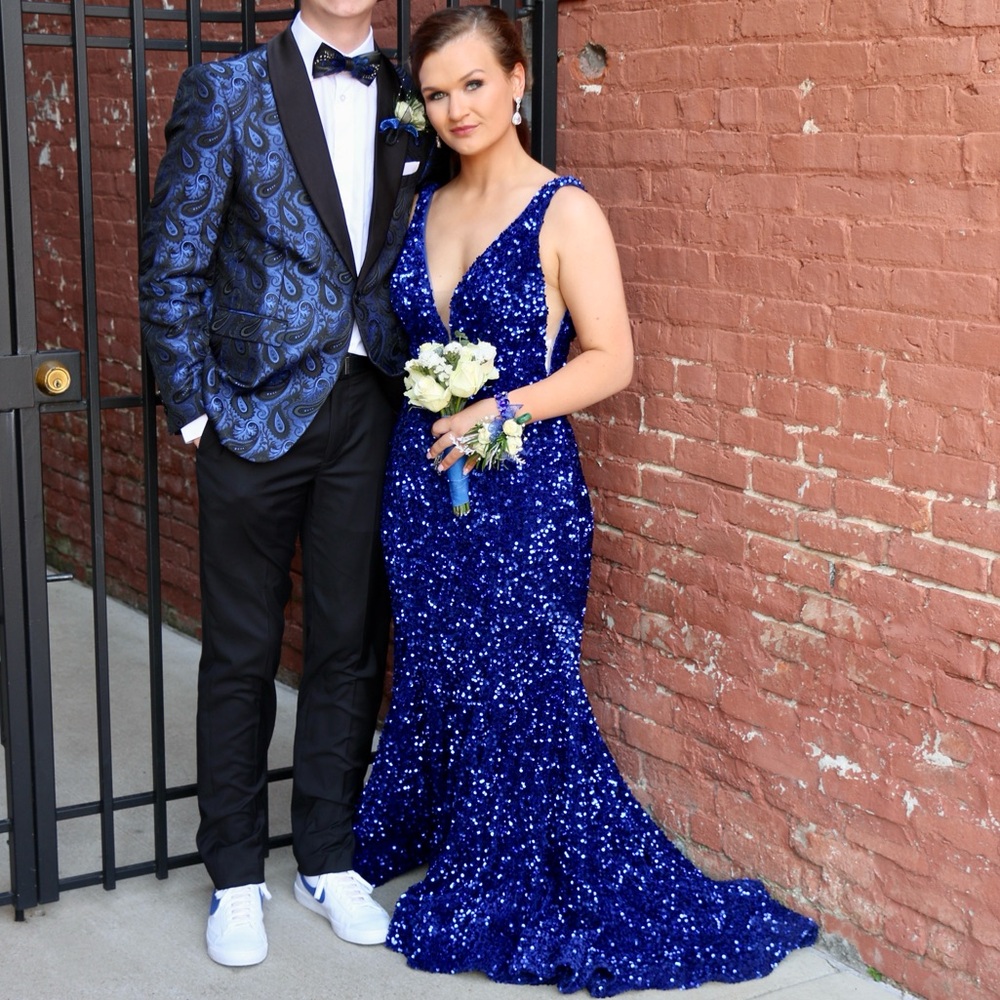 Sherri Hill Royal Blue Sequin on Velvet Prom Formal Dress - Picture 4 of 8